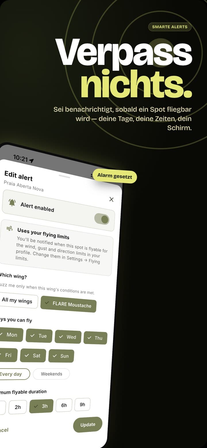 Smarter Alarm-Editor mit Flugtagen, Schirmwahl und Mindestdauer des Fensters