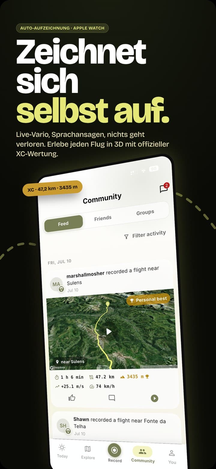 Flugrekorder mit Auto-Aufnahme, 3D-Replay und offiziellem XC-Score