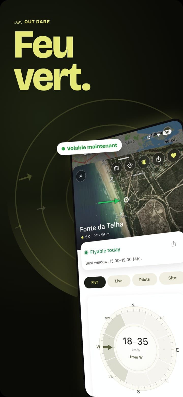 Carte OUT DARE avec un verdict volable maintenant et une rose des vents sur un site côtier