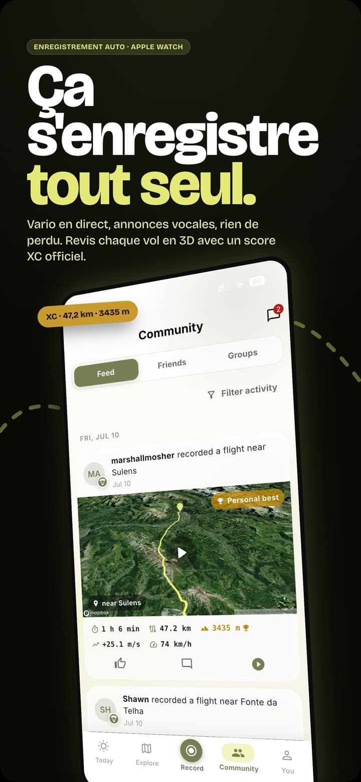 Enregistreur de vol avec auto-enregistrement, replay 3D et score XC officiel