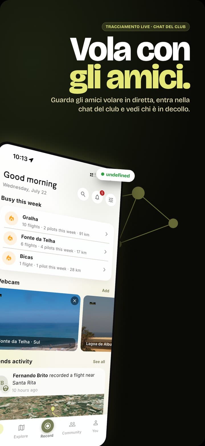 Schermate community con amici in volo live, record del sito e chat del club