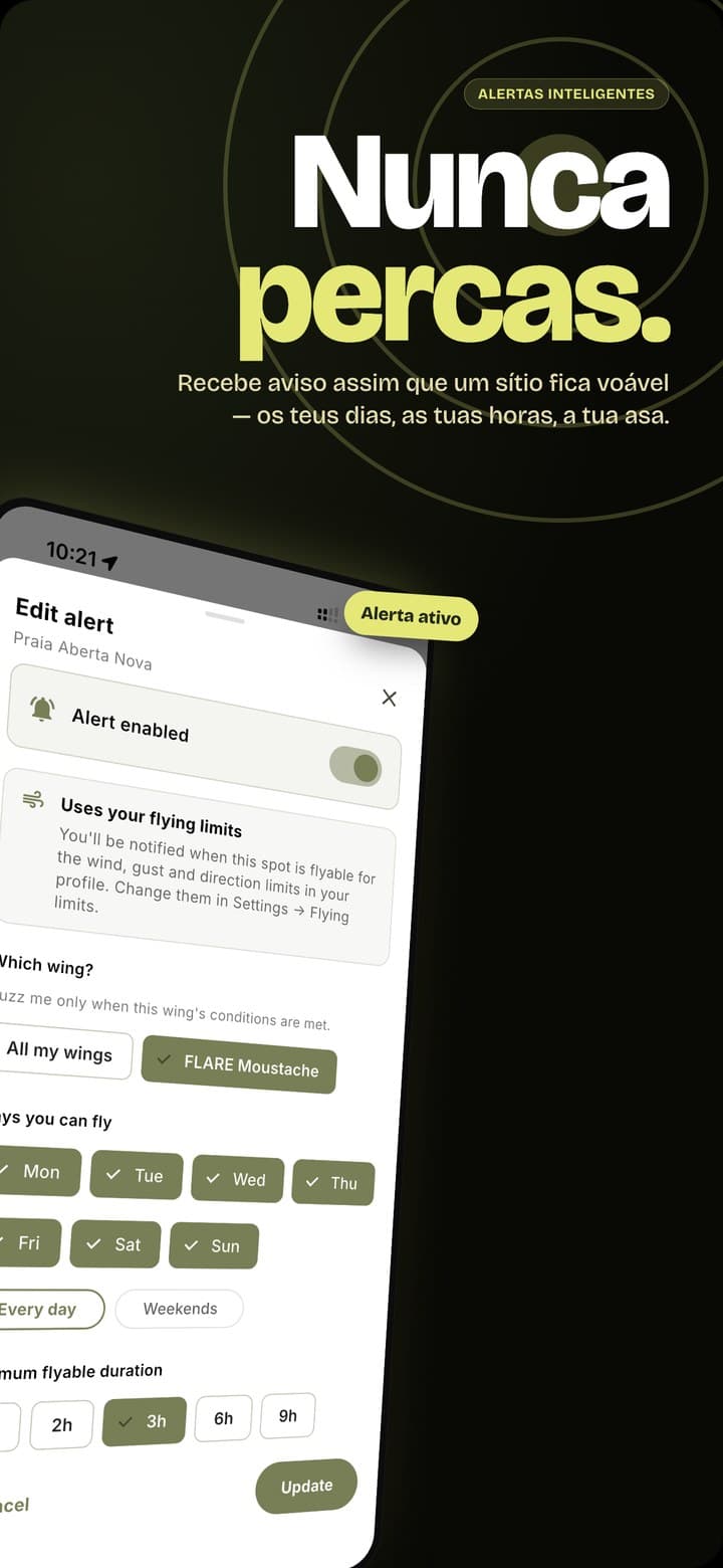 Editor de alerta inteligente com dias de voo, escolha da asa e duração mínima da janela