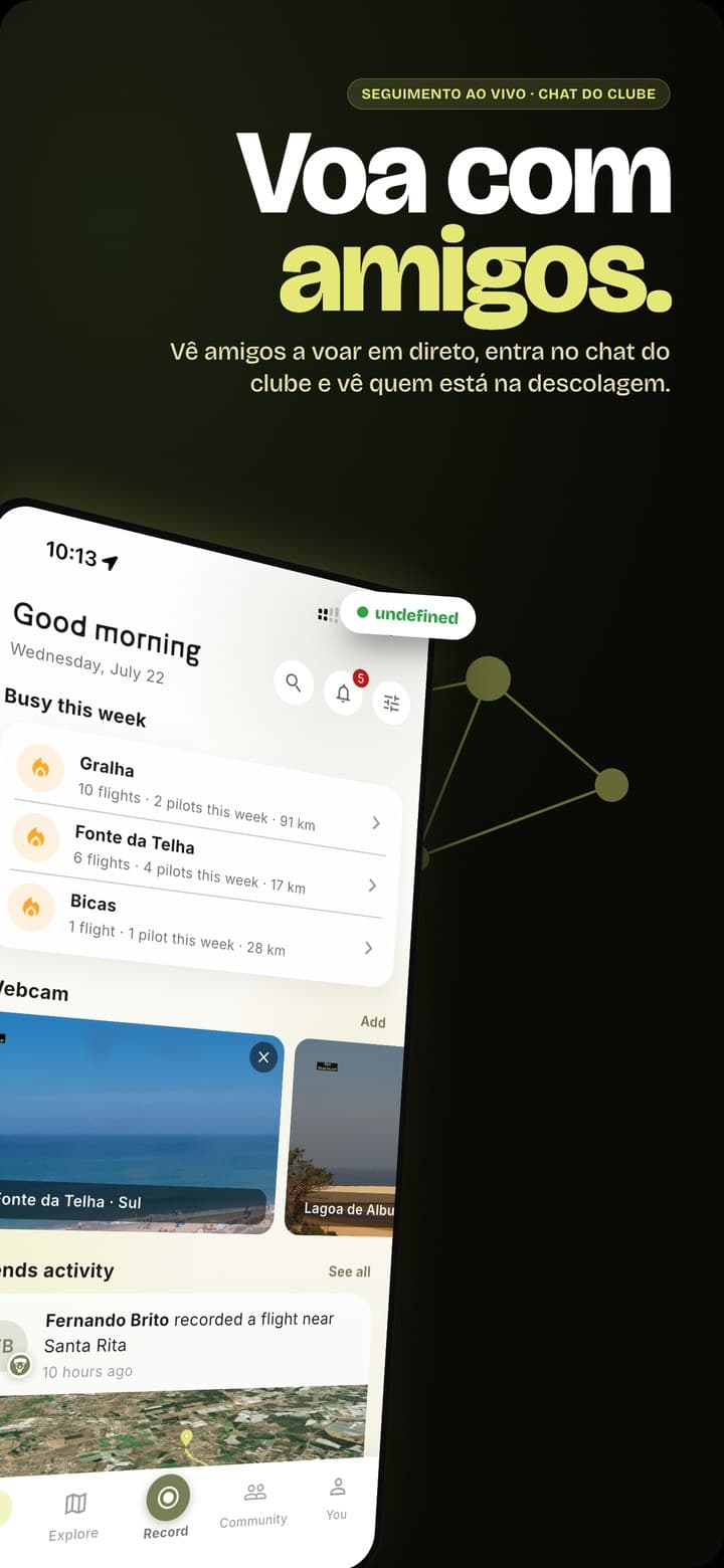 Ecrãs de comunidade com amigos a voar ao vivo, recordes do local e chat do clube
