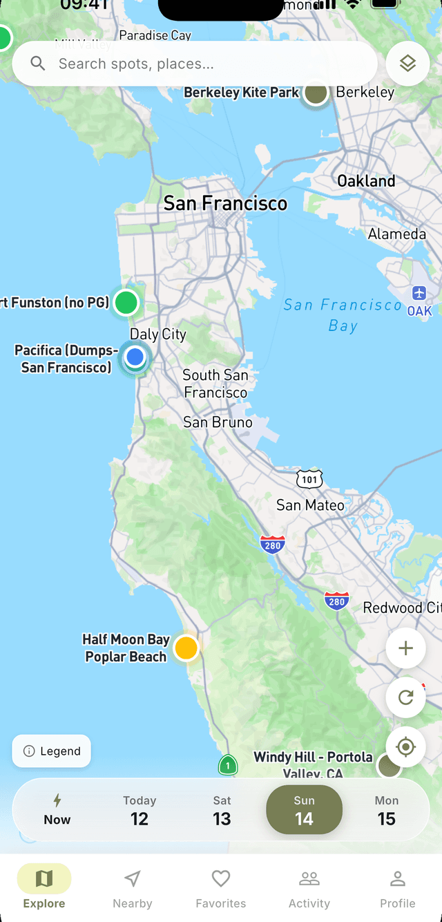 OUT DARE map of paragliding spots around San Francisco, with markers showing live flyability