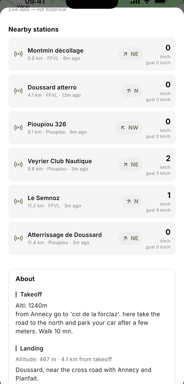 Nearby live wind stations list with real-time readings and directions